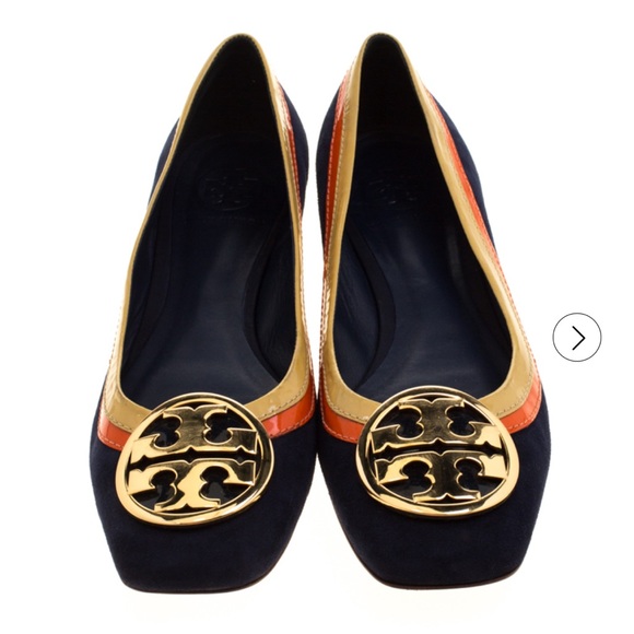 Tory Burch Shoes - Tory Burch Tricolor Suede & Patent Leather Logo Square Toe Ballet Flats Size 7.5